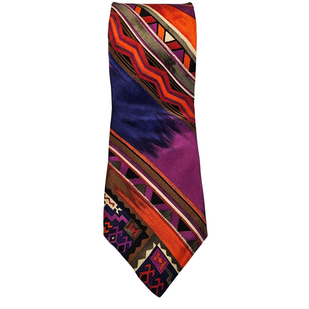 Pat Argenti Cravatte Mens Silk Tie Vintage 90s Geometric Tribal Abstract Purple